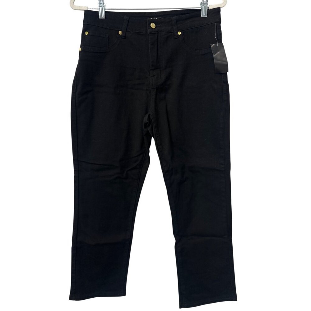 IMAN Jeans Size 14 Petite Black Straight Leg Stretch Gold Accents Cotton NEW